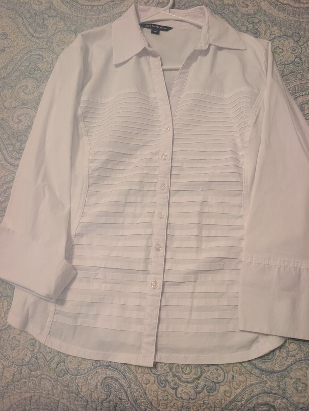 ZAC & RACHEL PXL Solid White Cotton Long Sleeve Blouse Pintuck Woven & Knit